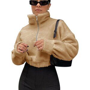 Women's Tan Faux Fur Pullover Half Zip Long Sleeve Crop Sweatshirt Tops